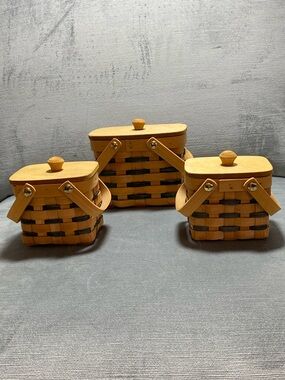 Set of 3 Natural Wood Woven Storage Baskets with Wooden Lids and Hinged Handles